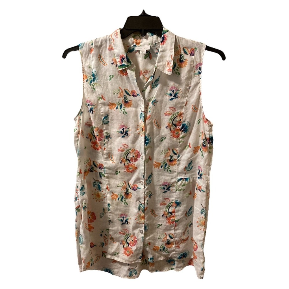 J. Jill Love Linen Tunic Top White Floral Print Button Up Sleeveless Sz M Beachy